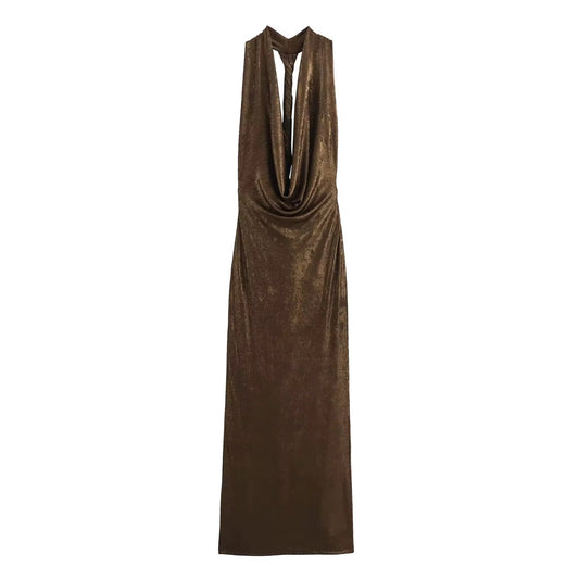 Lumière – Damen Metallic Maxikleid Rückenfrei