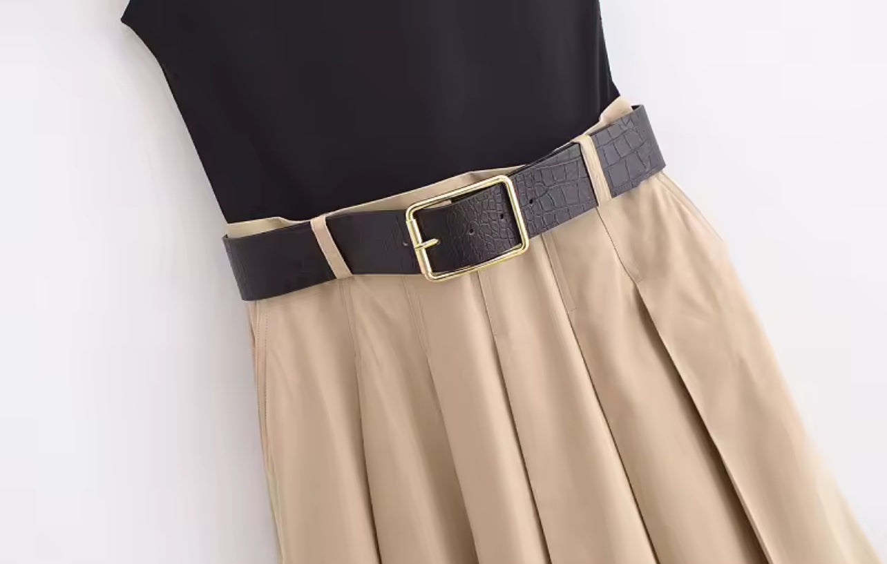 Plissee Midi Kleid mit Gürtel