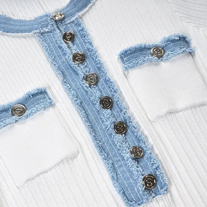 Patchwork Denim Strickkleid